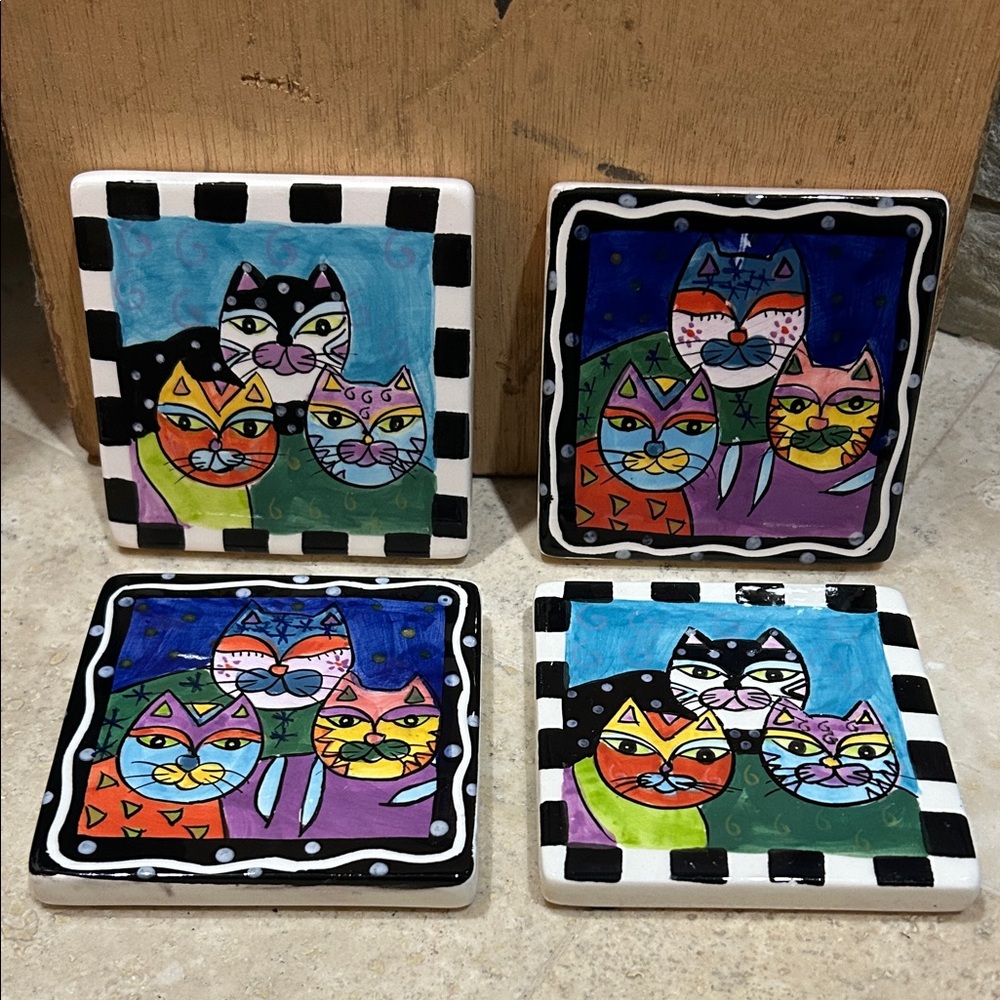 MILSON & LOUIS Vintage hand-painted ceramic cat tile coasters